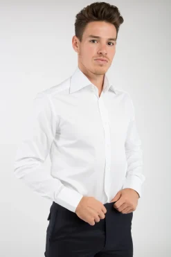 Chemise cintrée en pur coton unie à col haut deux boutons
