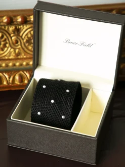 Cravate fine en maille tricot pure soie à pois