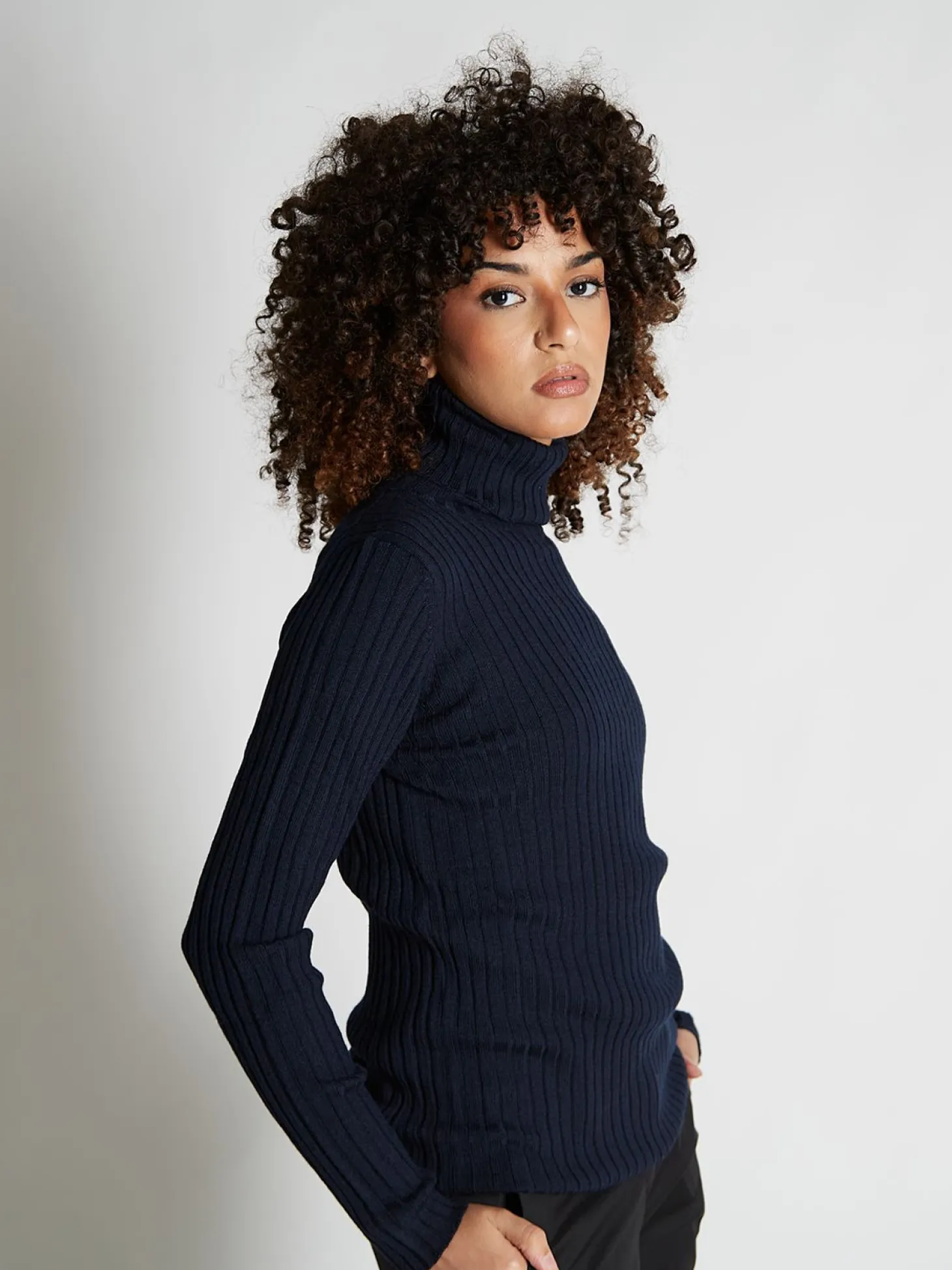 Pull pure laine mérinos col roulé côtelé Veronika